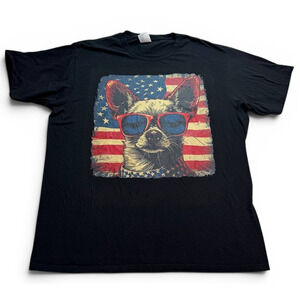 Patriotic Chihuahua Graphic T-Shirt Men’s Large Black USA Flag Sunglasses Tee